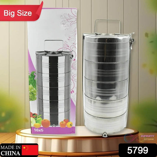 5 Compartment Lunch Box (Stainless Steel): Round Tiffin, Leakproof (16x5") - infinityexculsivestore.com