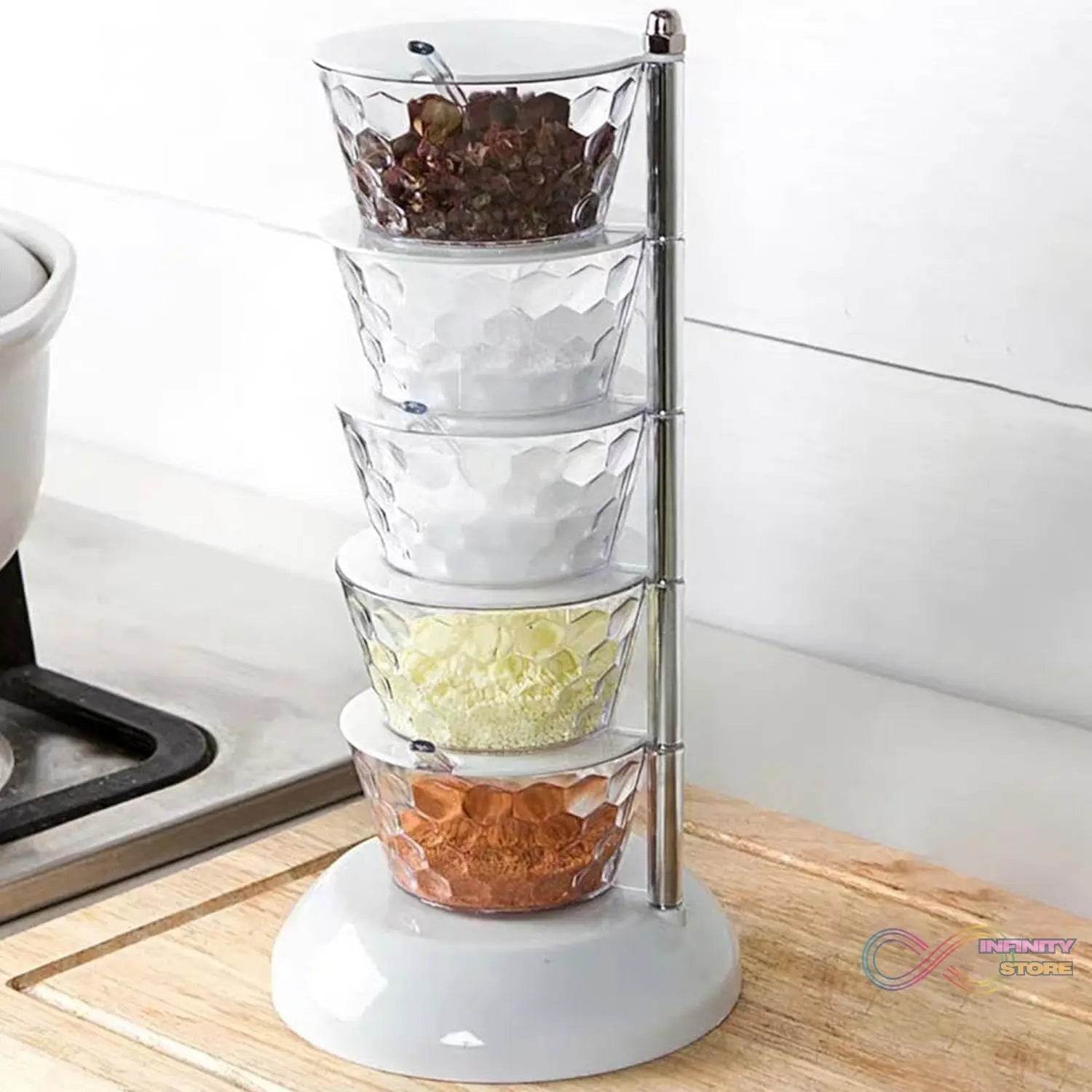 5 Section 360° Rotating Vertical Seasoning Box Plastic Pickle Tower | Spice Rack (5 Layer with 5 Plastic Spoon / 1 Set) - infinityexculsivestore.com
