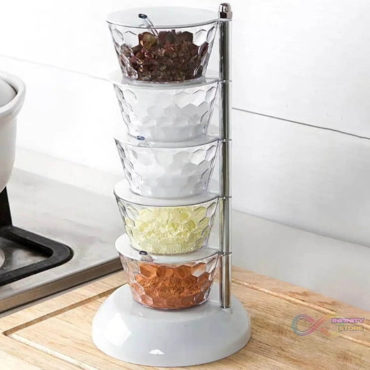 5 Section 360Β° Rotating Vertical Seasoning Box Plastic Pickle Tower | Spice Rack (5 Layer with 5 Plastic Spoon / 1 Set) - infinityexculsivestore.com