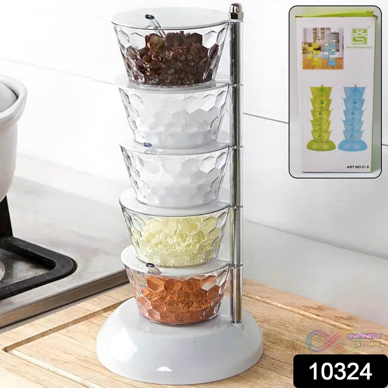 5 Section 360° Rotating Vertical Seasoning Box Plastic Pickle Tower | Spice Rack (5 Layer with 5 Plastic Spoon / 1 Set) - infinityexculsivestore.com