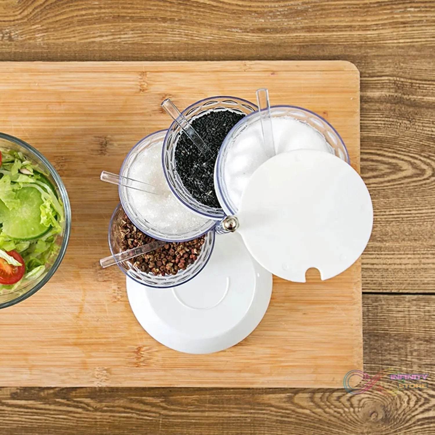 5 Section 360° Rotating Vertical Seasoning Box Plastic Pickle Tower | Spice Rack (5 Layer with 5 Plastic Spoon / 1 Set) - infinityexculsivestore.com
