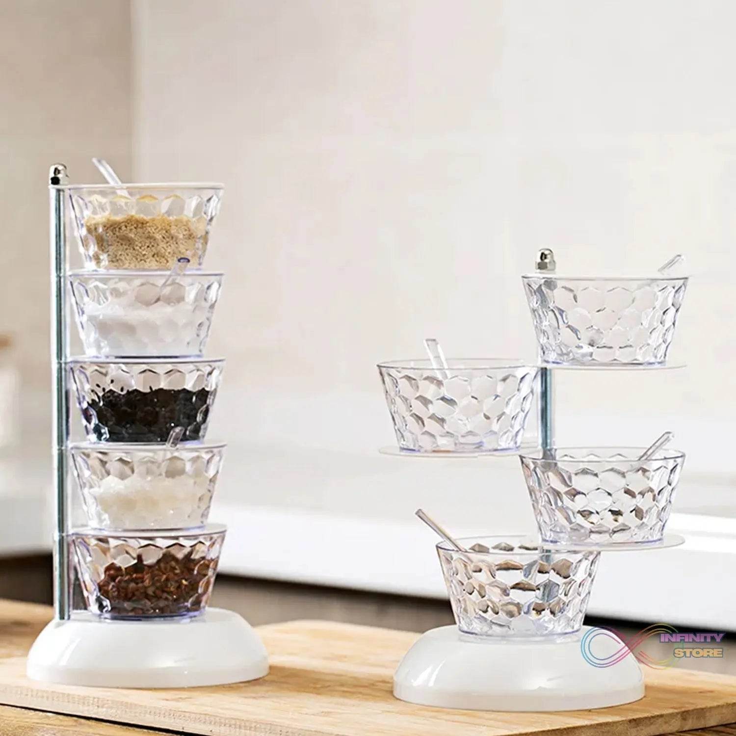 5 Section 360° Rotating Vertical Seasoning Box Plastic Pickle Tower | Spice Rack (5 Layer with 5 Plastic Spoon / 1 Set) - infinityexculsivestore.com