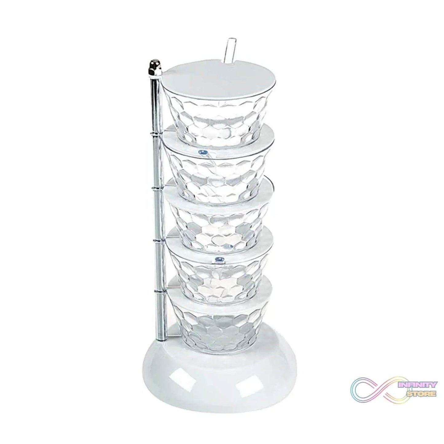 5 Section 360° Rotating Vertical Seasoning Box Plastic Pickle Tower | Spice Rack (5 Layer with 5 Plastic Spoon / 1 Set) - infinityexculsivestore.com