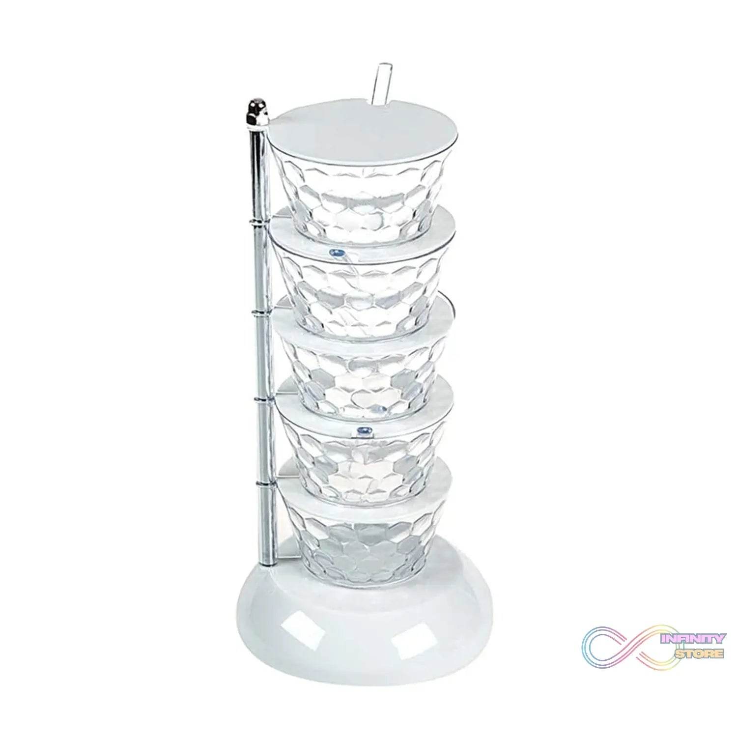 5 Section 360° Rotating Vertical Seasoning Box Plastic Pickle Tower | Spice Rack (5 Layer with 5 Plastic Spoon / 1 Set) - infinityexculsivestore.com