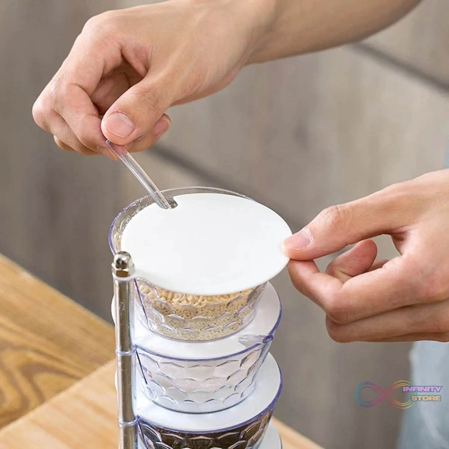 5 Section 360° Rotating Vertical Seasoning Box Plastic Pickle Tower | Spice Rack (5 Layer with 5 Plastic Spoon / 1 Set) - infinityexculsivestore.com