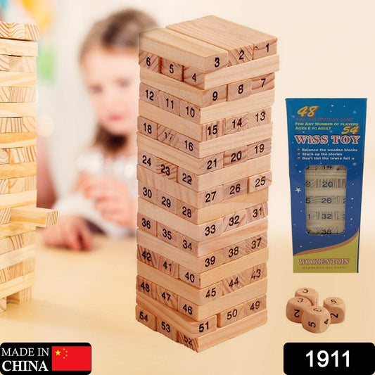 54 Pcs Blocks 4 Dices Wooden Tumbling Stacking Building - infinityexculsivestore.com