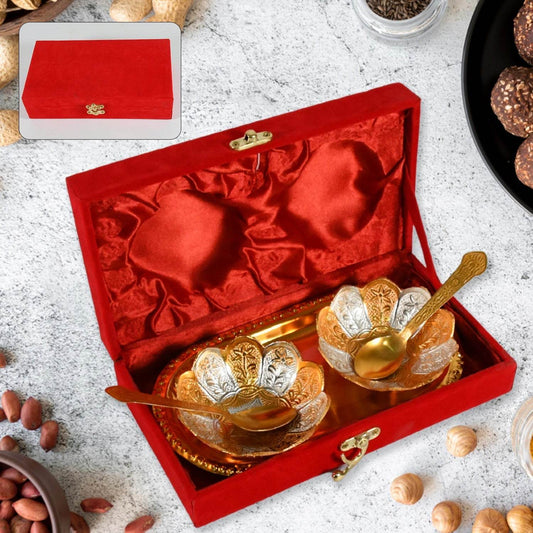 5in1 Gold Silver Plated 2 Bowl 2 Spoon Tray Set Brass with Red Velvet Gift Box Serving Dry Fruits Desserts Gift - infinityexculsivestore.com
