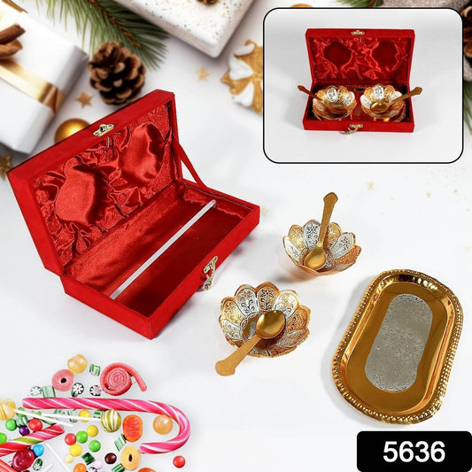 5in1 Gold Silver Plated 2 Bowl 2 Spoon Tray Set Brass with Red Velvet Gift Box Serving Dry Fruits Desserts Gift - infinityexculsivestore.com