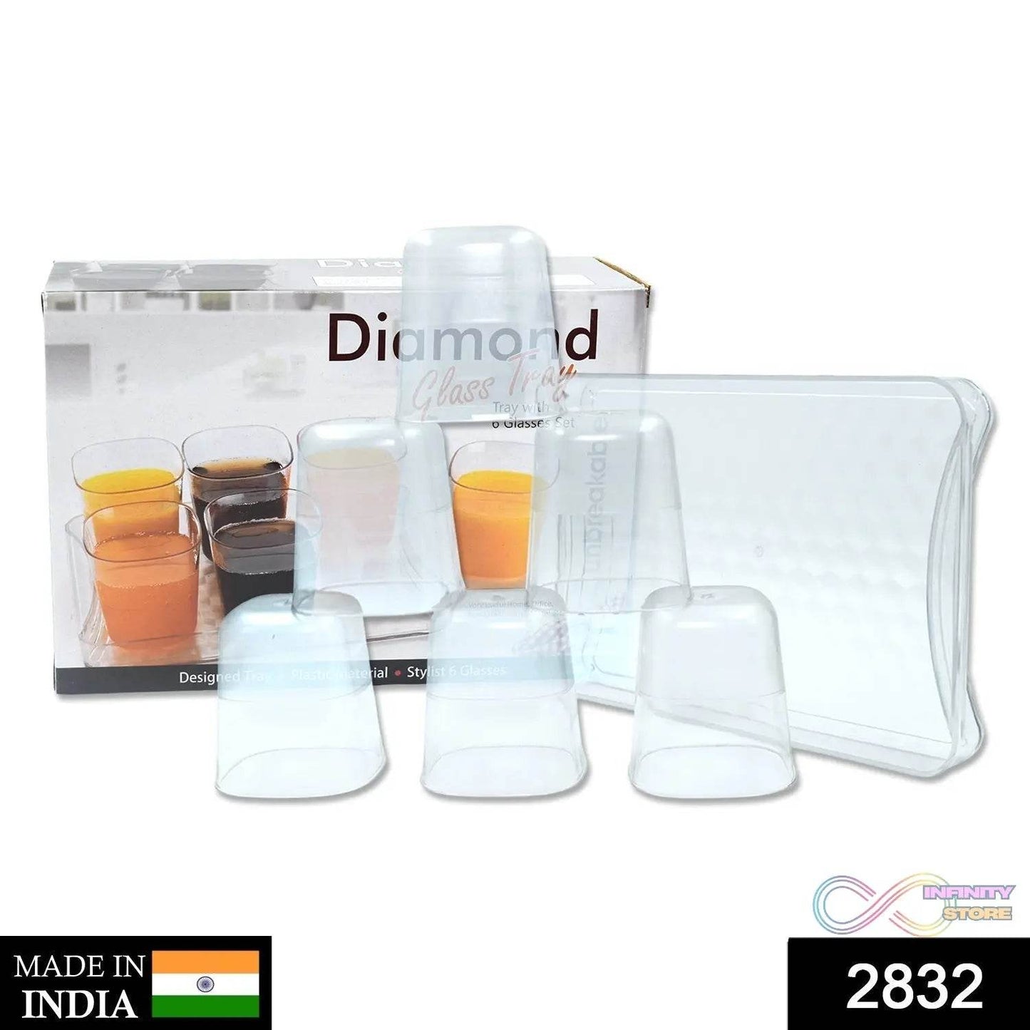 6pc Glasses Set With tray Stylish Transparent Water Glass / Juice Glass / Beer Glass / Wine Glass Plastic Glass Set - infinityexculsivestore.com