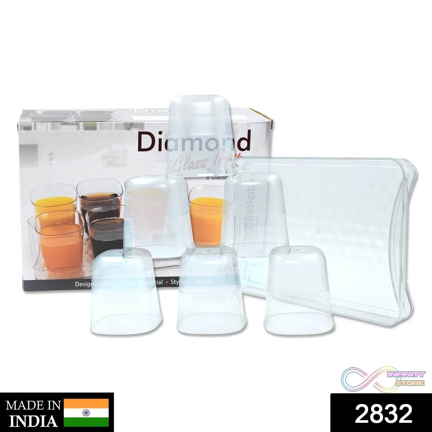6pc Glasses Set With tray Stylish Transparent Water Glass / Juice Glass / Beer Glass / Wine Glass Plastic Glass Set - infinityexculsivestore.com