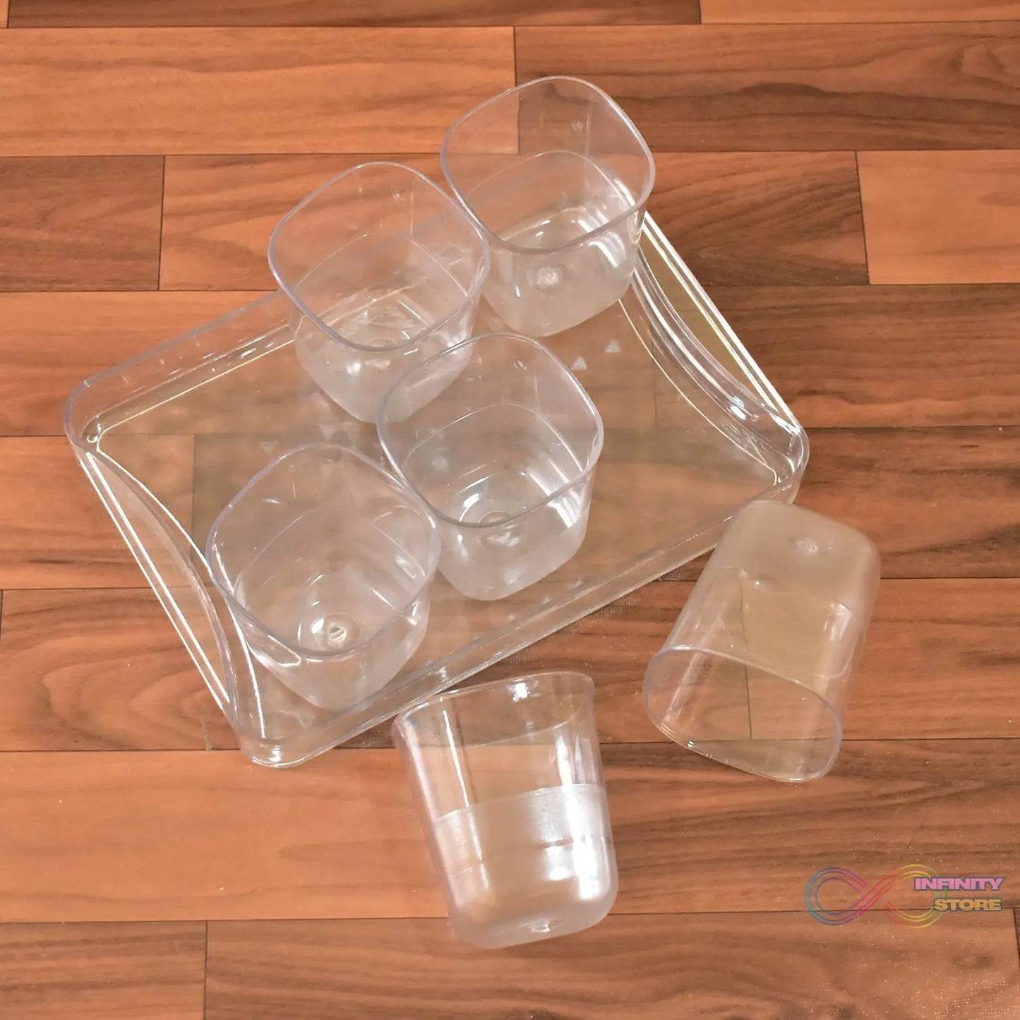 6pc Glasses Set With tray Stylish Transparent Water Glass / Juice Glass / Beer Glass / Wine Glass Plastic Glass Set - infinityexculsivestore.com