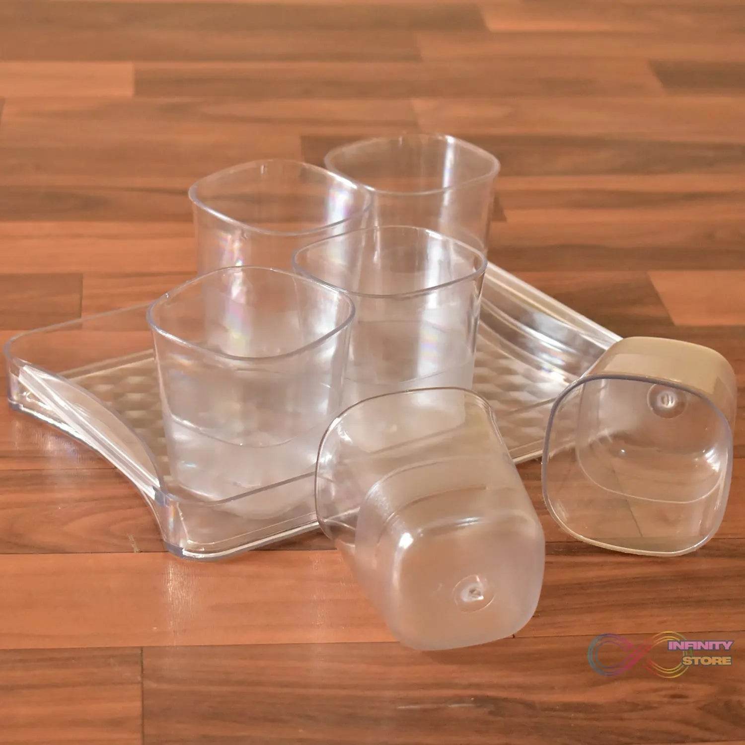 6pc Glasses Set With tray Stylish Transparent Water Glass / Juice Glass / Beer Glass / Wine Glass Plastic Glass Set - infinityexculsivestore.com