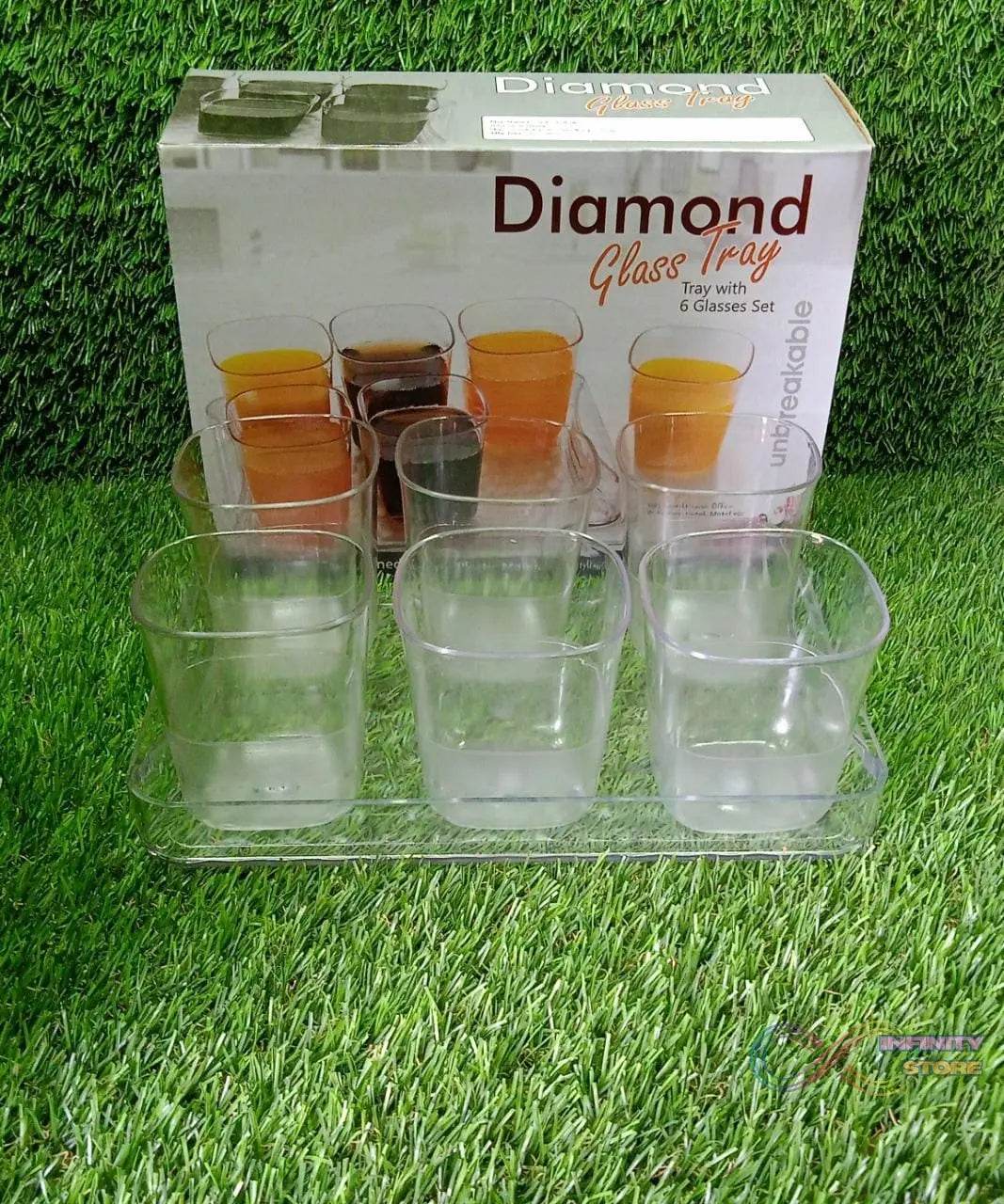 6pc Glasses Set With tray Stylish Transparent Water Glass / Juice Glass / Beer Glass / Wine Glass Plastic Glass Set - infinityexculsivestore.com