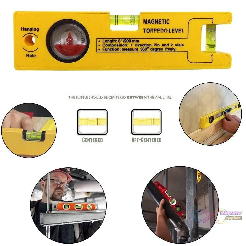 8-inch Magnetic Torpedo Level with 1 Direction Pin, 2 Vials and 360 Degree View - infinityexculsivestore.com