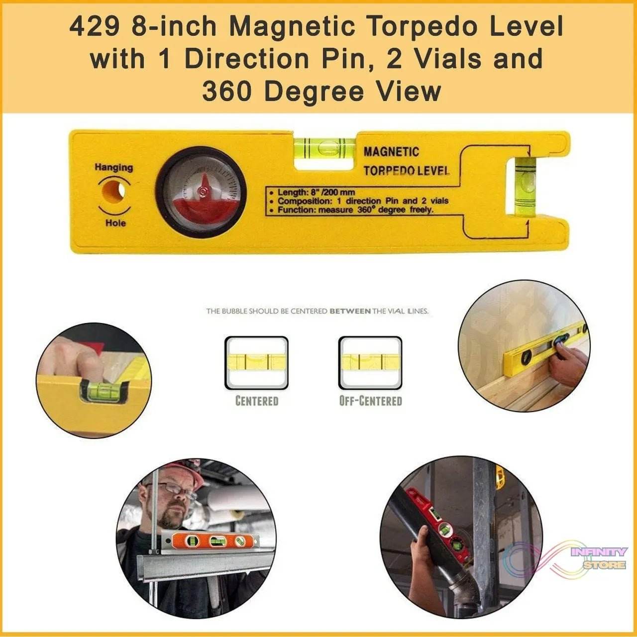 8-inch Magnetic Torpedo Level with 1 Direction Pin, 2 Vials and 360 Degree View - infinityexculsivestore.com