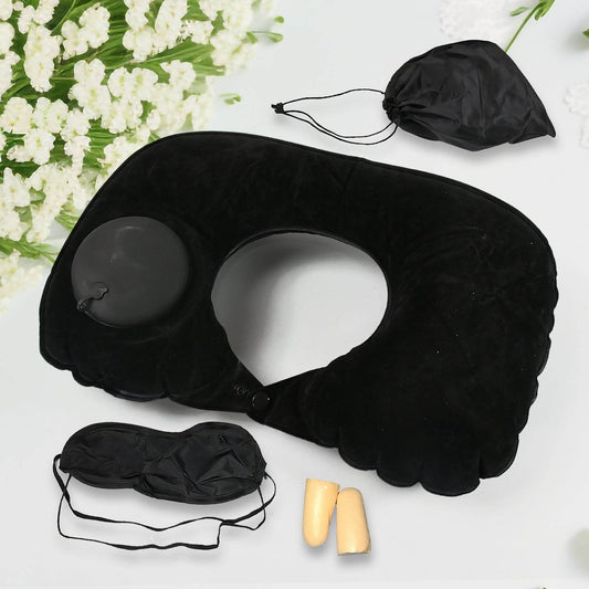 8512Β 3 in 1 Comfortable Travel Sleeping Kit, Neck Pillow, Eye Mask & Ear Plug Set Inflatable Plane Sleeping Pillow Head Neck Support Pillows for Travel Airplane Office, Black - infinityexculsivestore.com