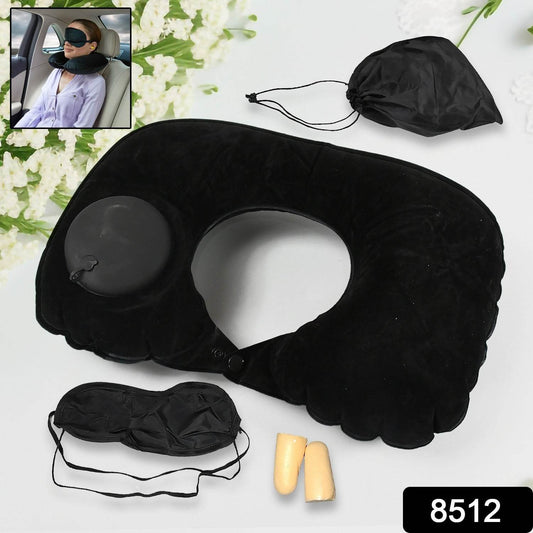 8512Β 3 in 1 Comfortable Travel Sleeping Kit, Neck Pillow, Eye Mask & Ear Plug Set Inflatable Plane Sleeping Pillow Head Neck Support Pillows for Travel Airplane Office, Black - infinityexculsivestore.com