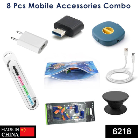 8Pcs Mobile Accessories Combo In Zip Printed Pouch Bag - infinityexculsivestore.com