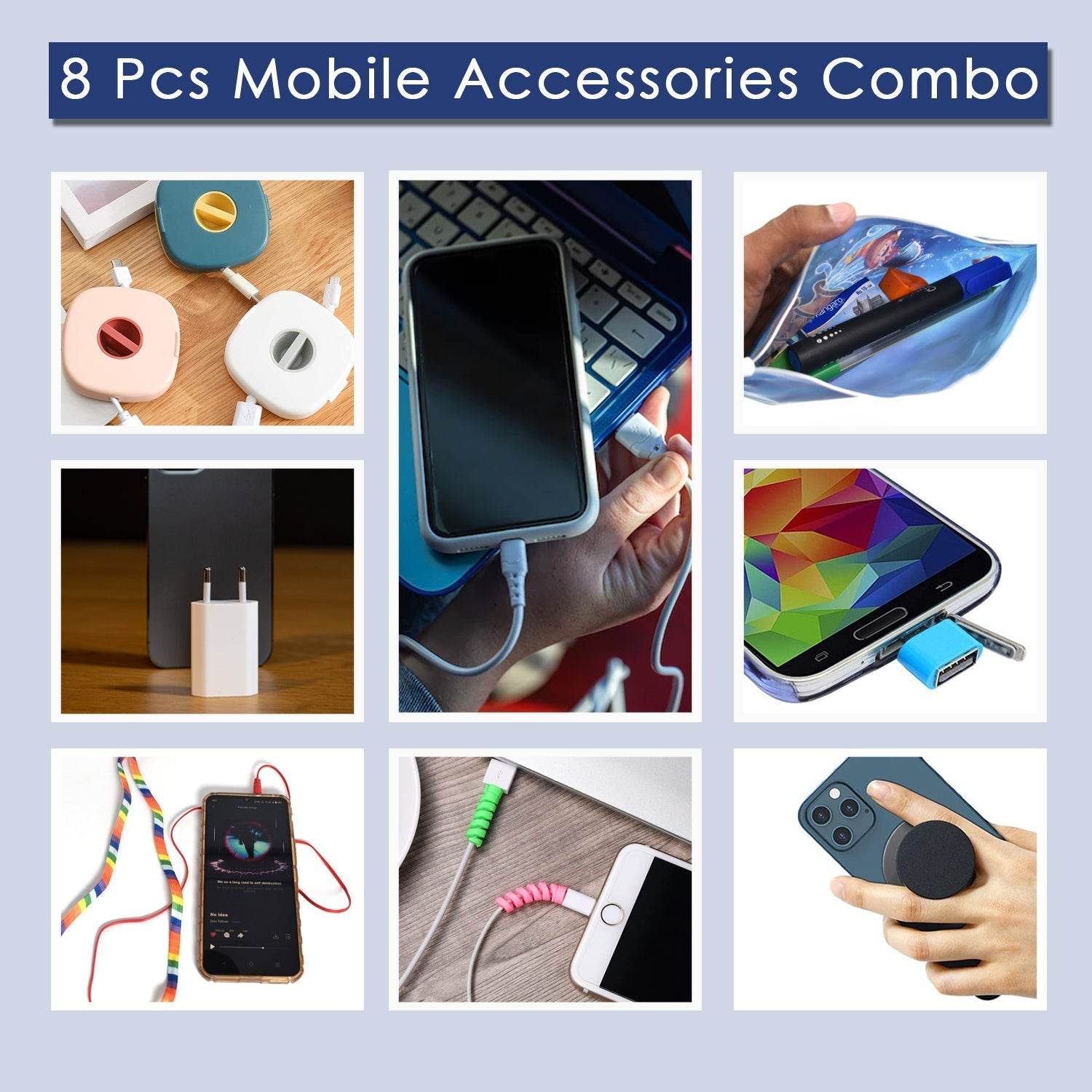 8Pcs Mobile Accessories Combo In Zip Printed Pouch Bag - infinityexculsivestore.com