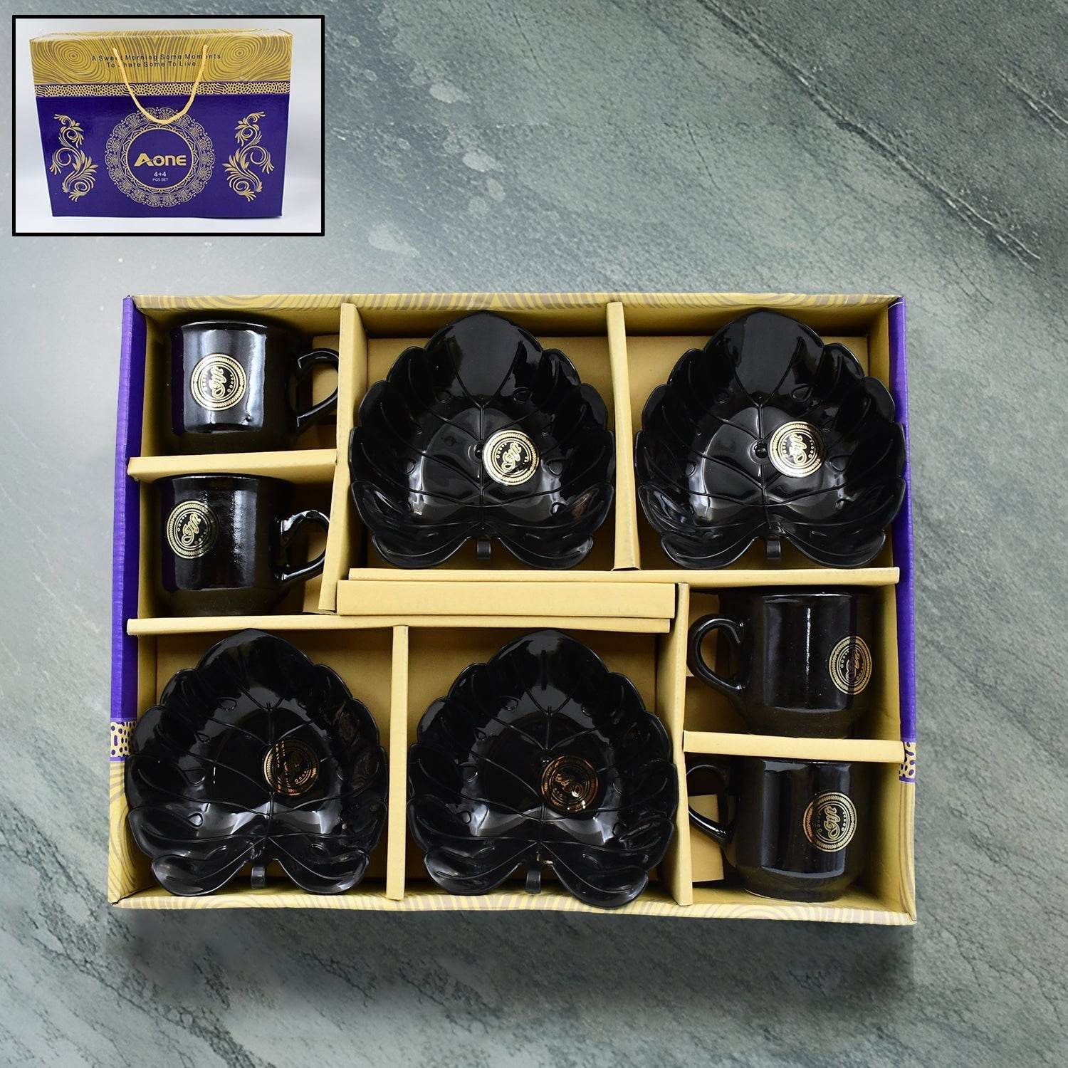 A One Ceramic Tea / cups / Mug Set With Leaf Shape Serving Bowl (8 Pcs set) - infinityexculsivestore.com