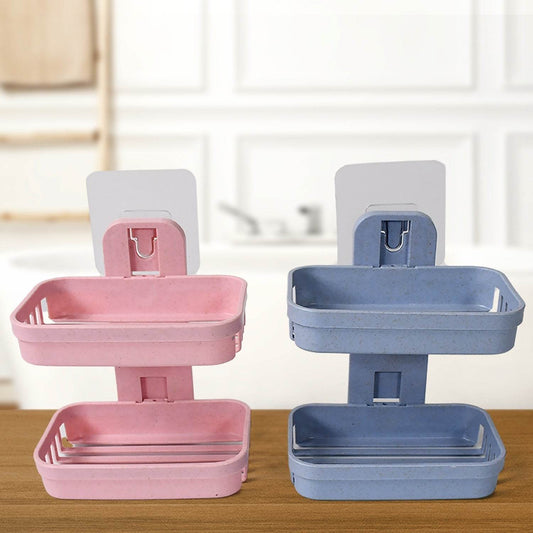 Adhesive Sticker Soap 2 Layer Dish Holder Wall Mounted Bathroom Shower Soap Holder Saver Box Storage Organizer Rack, ABS Plastic (Double Layers / 2 pcs set) - infinityexculsivestore.com
