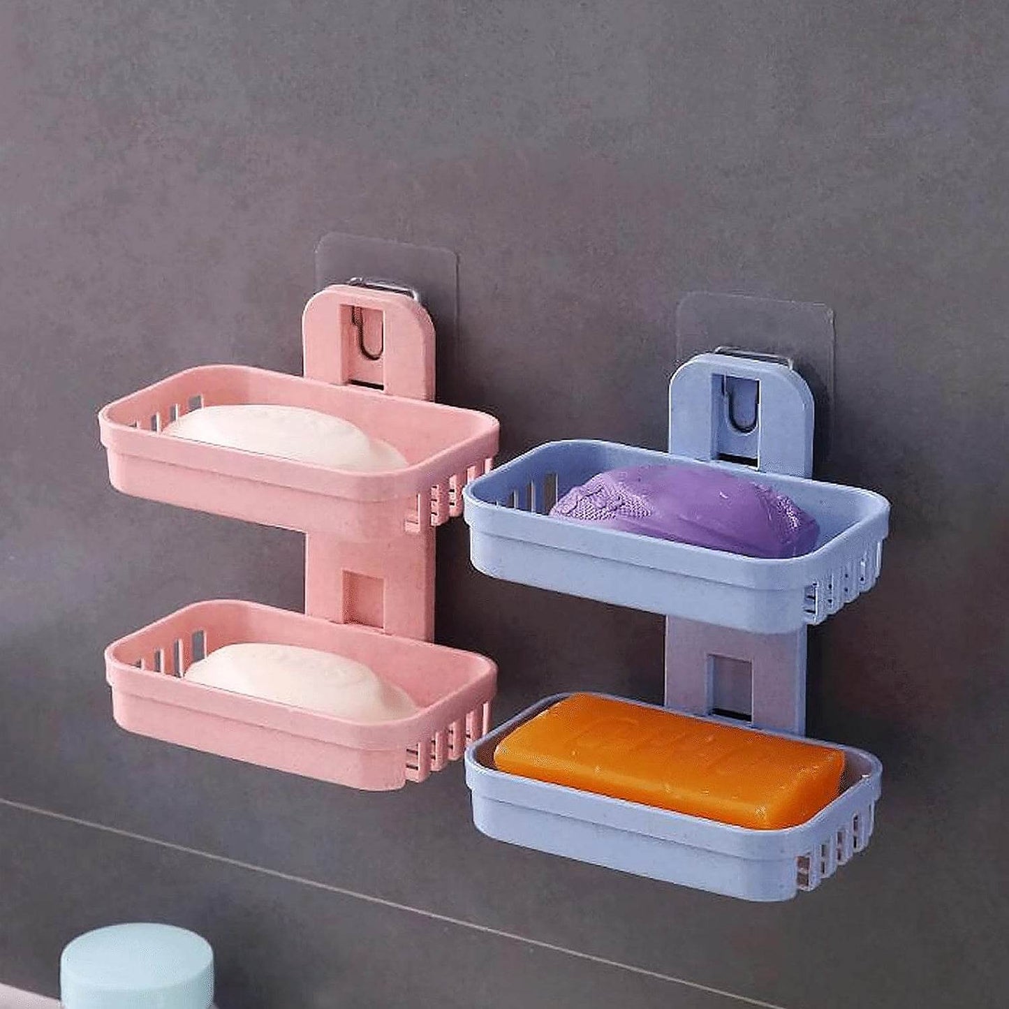 Adhesive Sticker Soap 2 Layer Dish Holder Wall Mounted Bathroom Shower Soap Holder Saver Box Storage Organizer Rack, ABS Plastic (Double Layers / 2 pcs set) - infinityexculsivestore.com