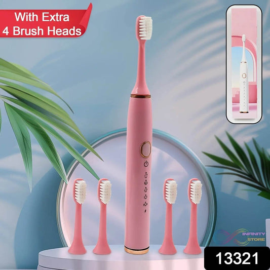Adult Waterproof Electric Toothbrush with Extra 4 Toothbrush Head (1 Pc / USB Charging Operated / Mix Colour) - infinityexculsivestore.com