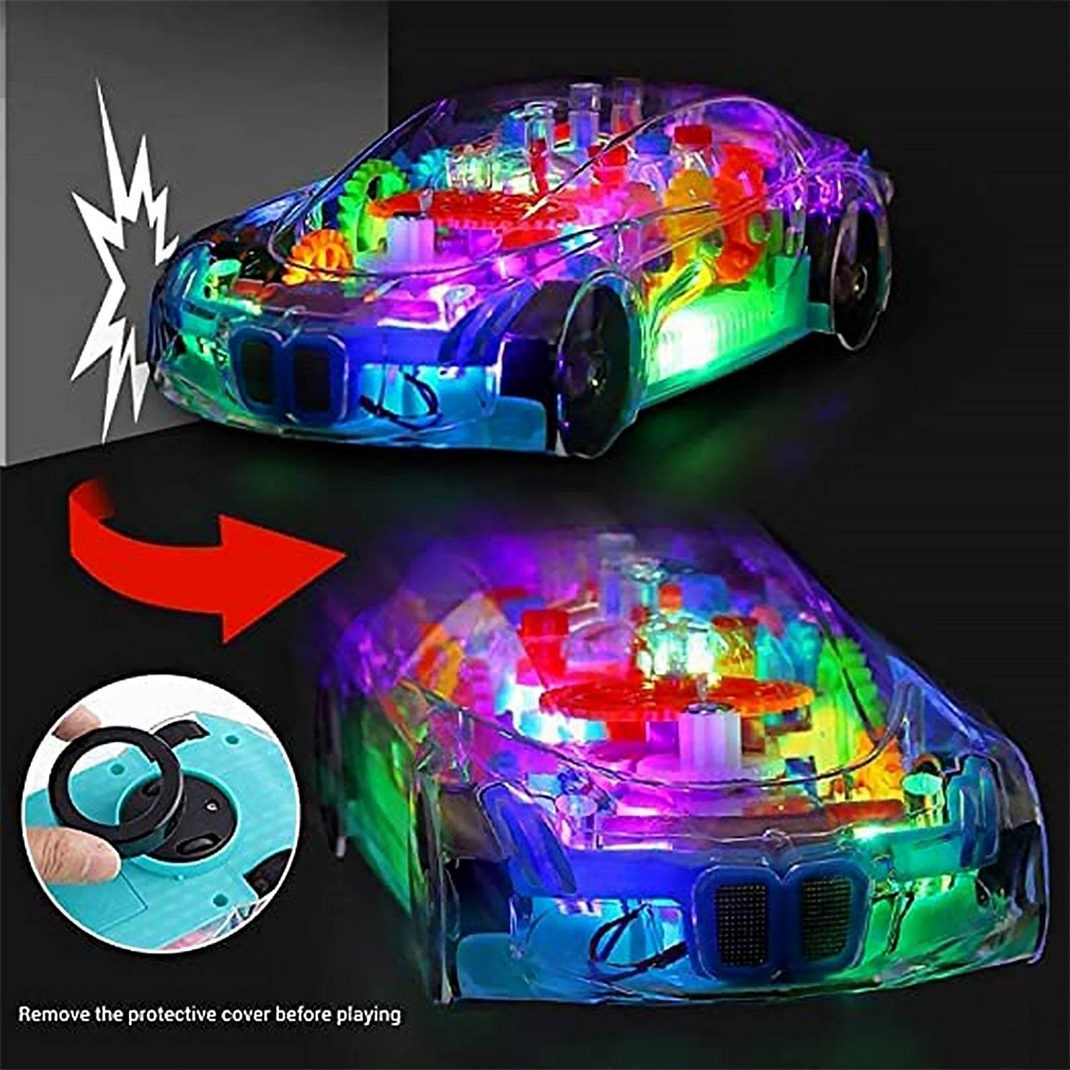 Automatic 360 Degree Rotating Transparent Gear Concept Car with Musical and 3D Flashing Lights Toy for Kids Boys & Girls (Multicolor / Battery Not Included) - infinityexculsivestore.com