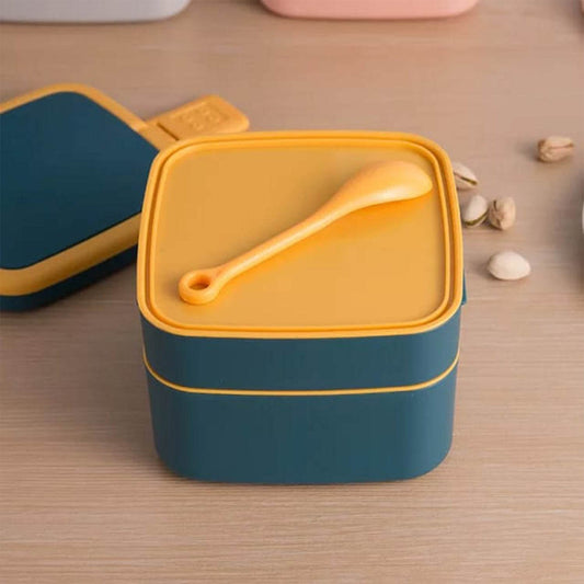BLUE DOUBLE-LAYER PORTABLE LUNCH BOX STACKABLE WITH CARRYING HANDLE AND SPOON LUNCH BOX , Bento Lunch Box - infinityexculsivestore.com