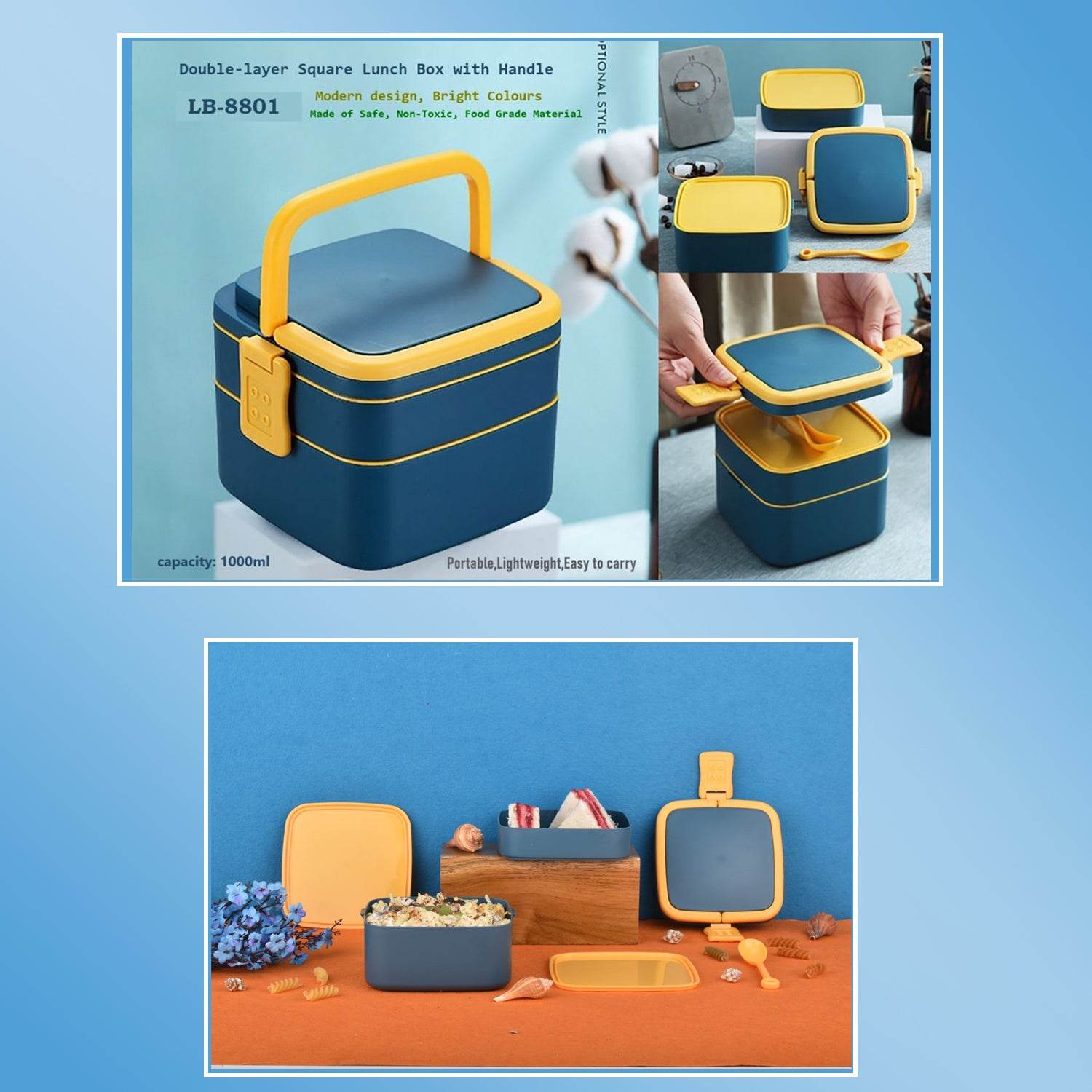 BLUE DOUBLE-LAYER PORTABLE LUNCH BOX STACKABLE WITH CARRYING HANDLE AND SPOON LUNCH BOX , Bento Lunch Box - infinityexculsivestore.com
