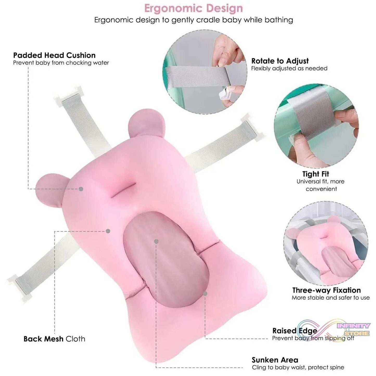 Baby Bath Pillow Newborn Anti-Slip Bathtub Pad Foldable with Strap For 0-6 Month Baby - infinityexculsivestore.com