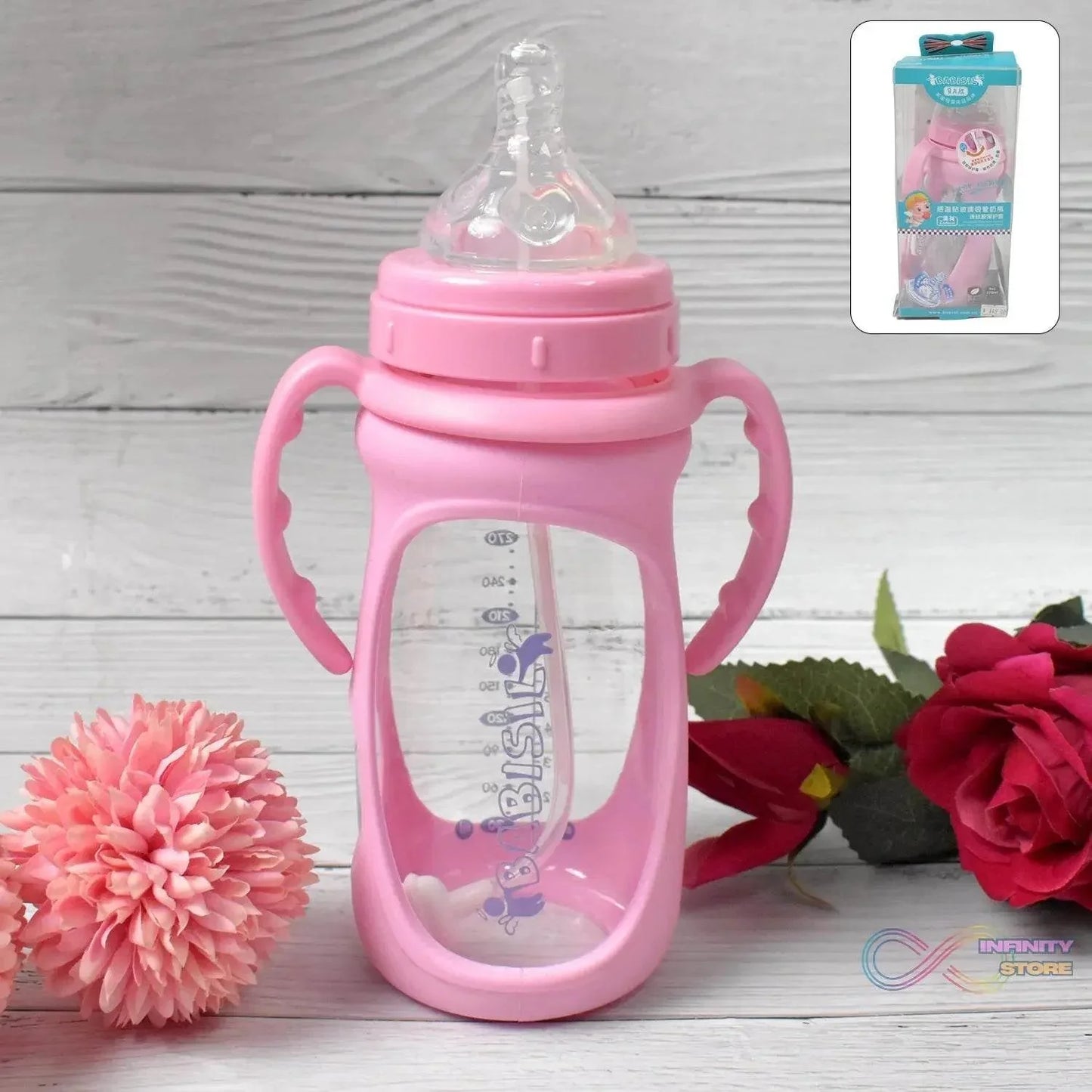 Baby Feeding Bottle with Handles & Straw (Mix Design, Size & Color / 1 Pc) - infinityexculsivestore.com