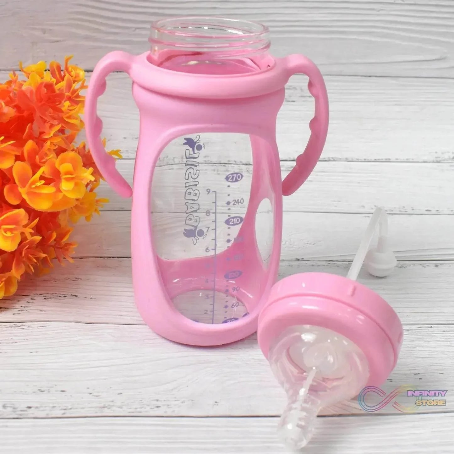 Baby Feeding Bottle with Handles & Straw (Mix Design, Size & Color / 1 Pc) - infinityexculsivestore.com