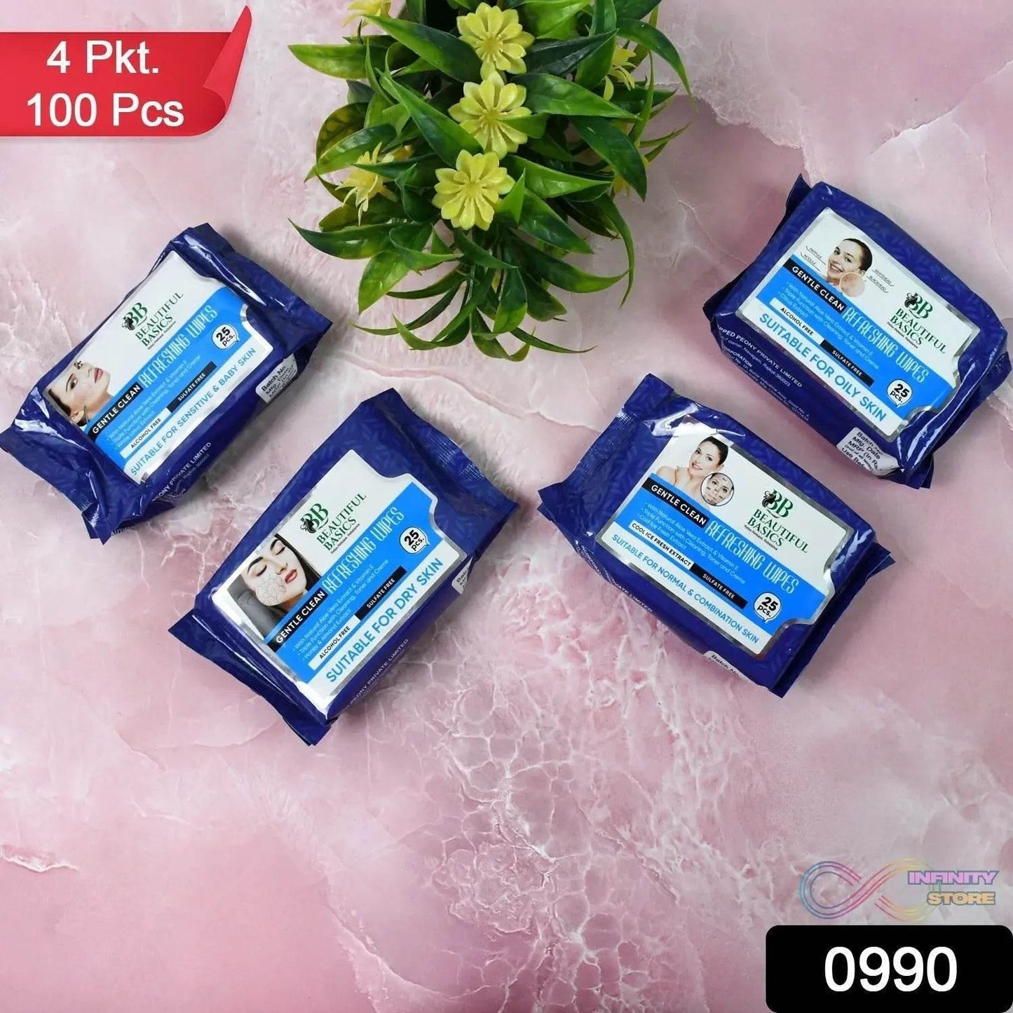 Beautiful Basics Dry, Oily, Sensitive & Normal Skin Face Wipes (4 Pkts x 100 Pcs wipes) - infinityexculsivestore.com