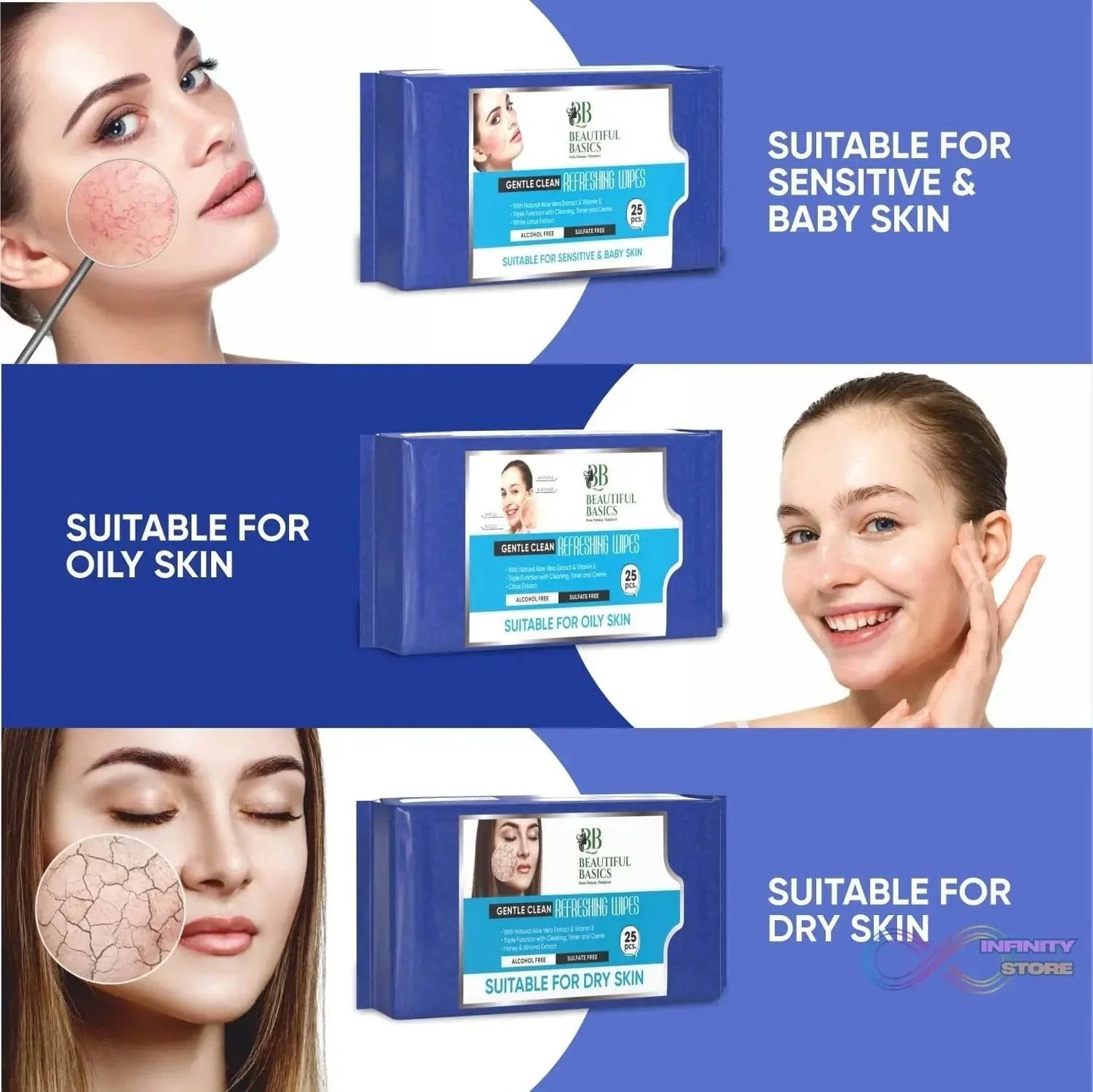 Beautiful Basics Dry, Oily, Sensitive & Normal Skin Face Wipes (4 Pkts x 100 Pcs wipes) - infinityexculsivestore.com