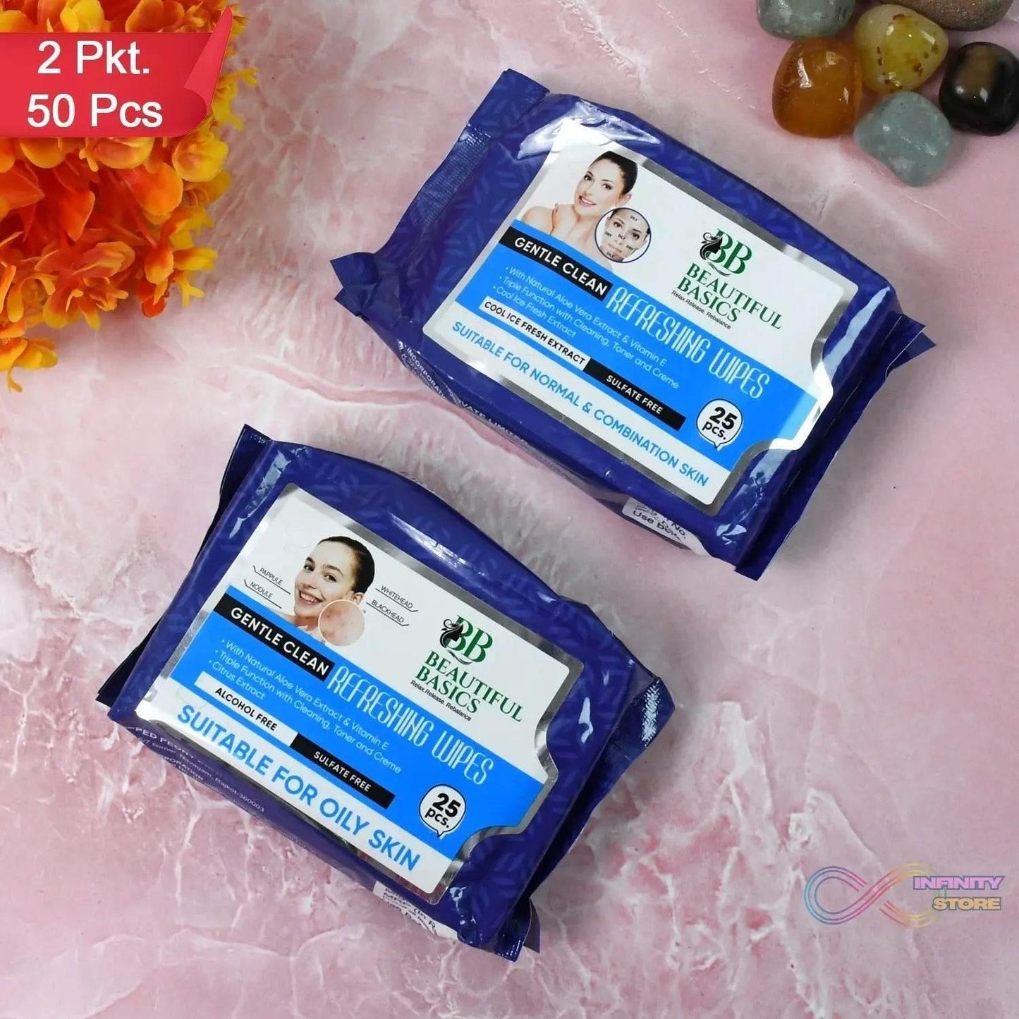 Beautiful Basics Normal & Oily Skin Face Wipes (2 Pkts x 50 Pcs Wipes) - infinityexculsivestore.com