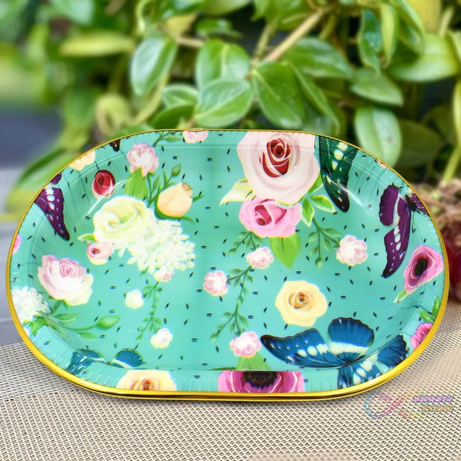 Big Plastic Flower Printed Design Serving Tray (1 Pc / 35 x 24 CM / Mix Color) - infinityexculsivestore.com