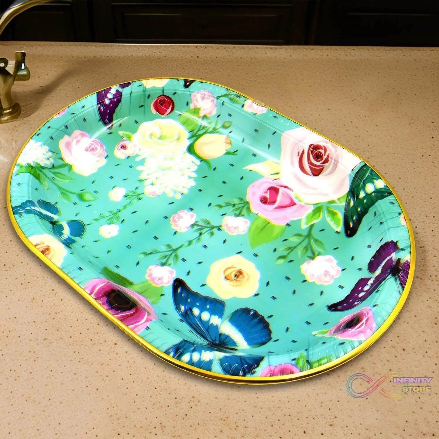 Big Plastic Flower Printed Design Serving Tray (1 Pc / 35 x 24 CM / Mix Color) - infinityexculsivestore.com