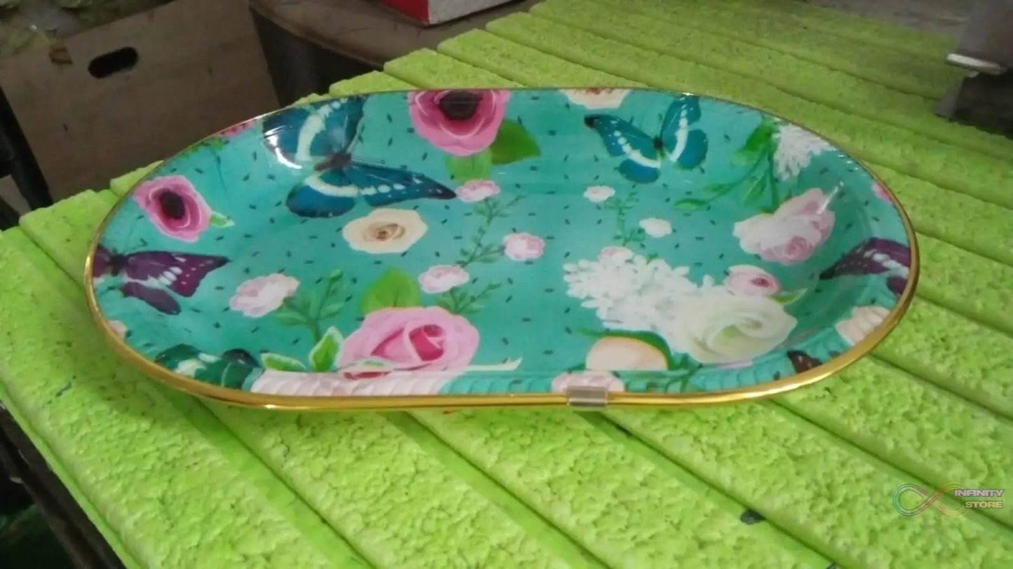 Big Plastic Flower Printed Design Serving Tray (1 Pc / 35 x 24 CM / Mix Color) - infinityexculsivestore.com