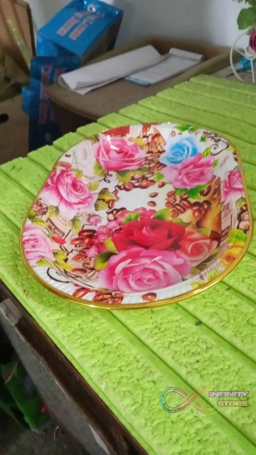 Big Plastic Flower Printed Design Serving Tray (1 Pc / 35 x 24 CM / Mix Color) - infinityexculsivestore.com