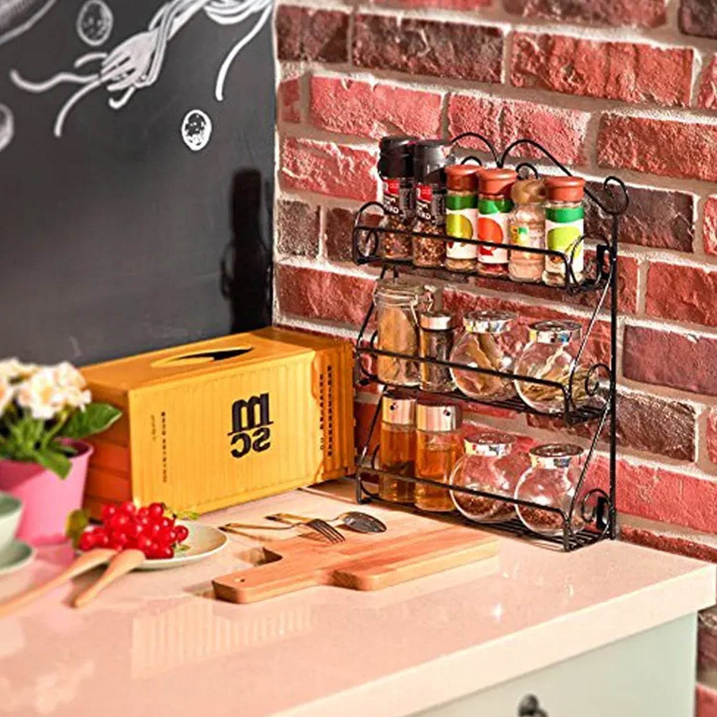 Big Wall Mounted Iron Wall Shelf with 3 Storage Racks for Kitchen, Pantry, Cabinet, Counter top or Free Standing, Rack Holder for Kitchen - infinityexculsivestore.com
