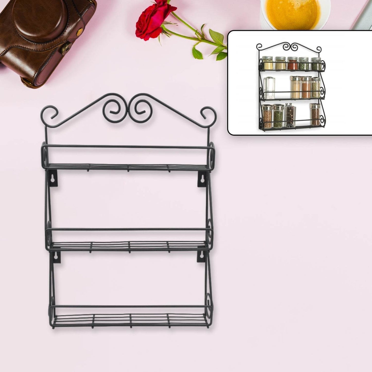 Big Wall Mounted Iron Wall Shelf with 3 Storage Racks for Kitchen, Pantry, Cabinet, Counter top or Free Standing, Rack Holder for Kitchen - infinityexculsivestore.com