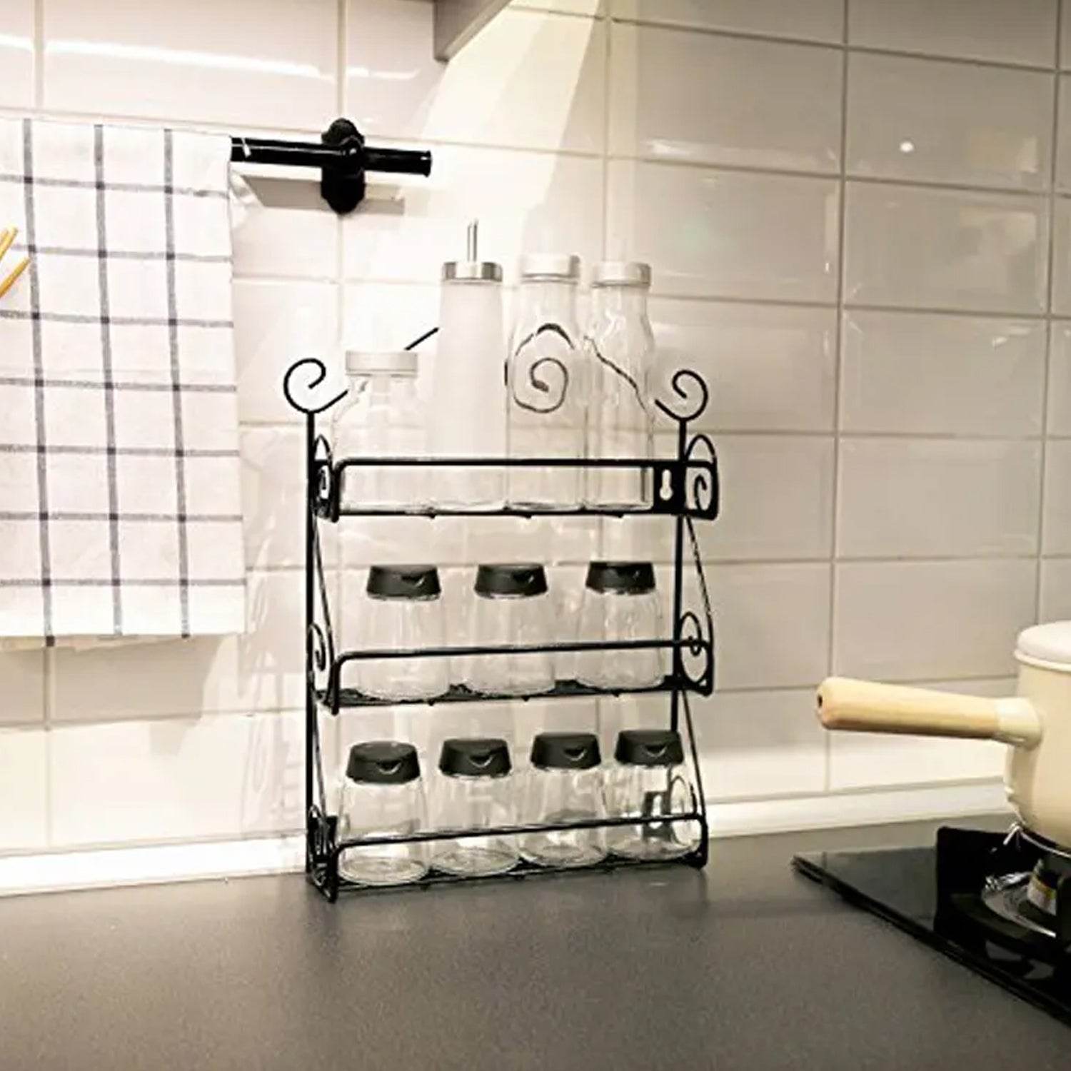 Big Wall Mounted Iron Wall Shelf with 3 Storage Racks for Kitchen, Pantry, Cabinet, Counter top or Free Standing, Rack Holder for Kitchen - infinityexculsivestore.com