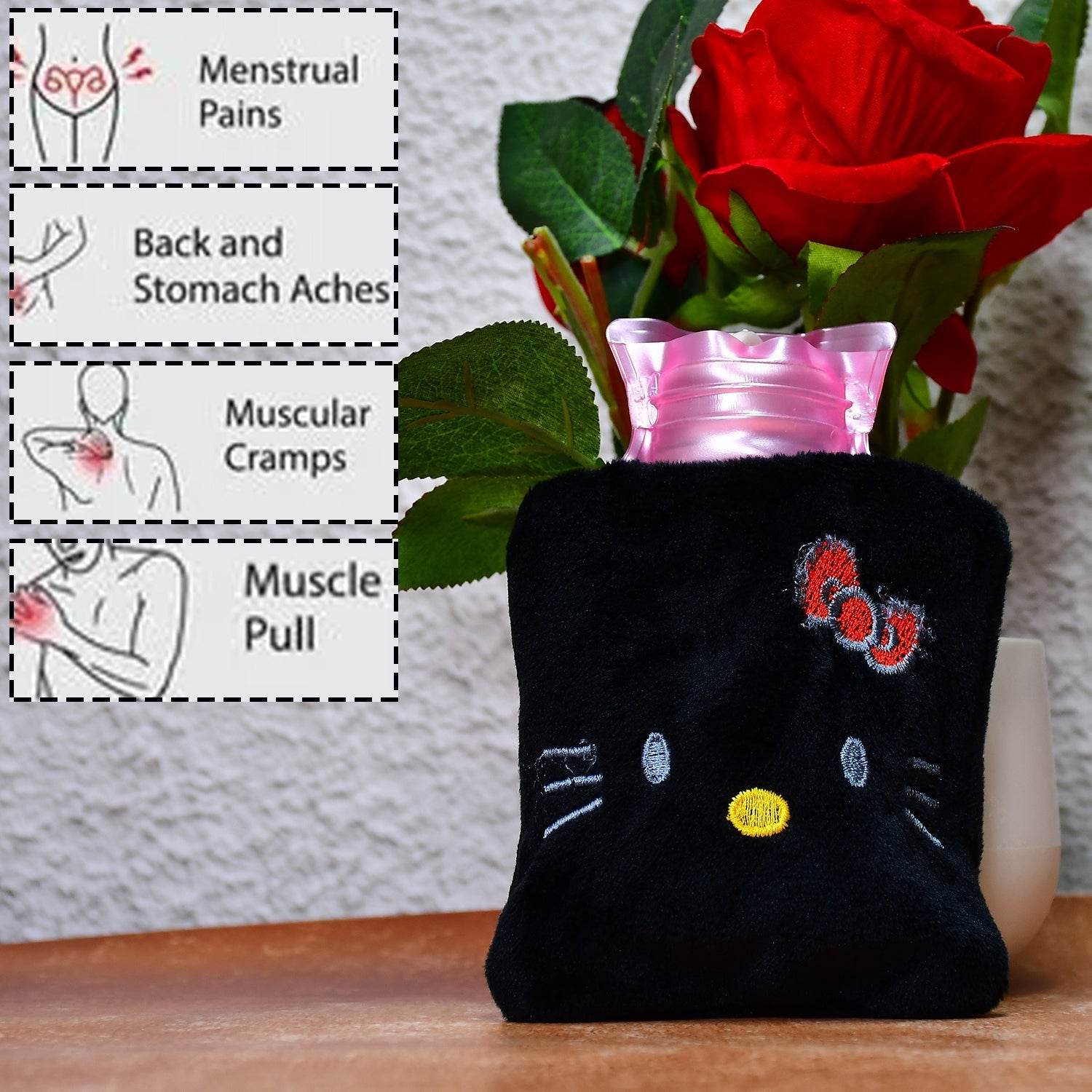Black Hello Kitty small Hot Water Bag with Cover for Pain Relief, Neck, Shoulder Pain and Hand, Feet Warmer, Menstrual Cramps. - infinityexculsivestore.com