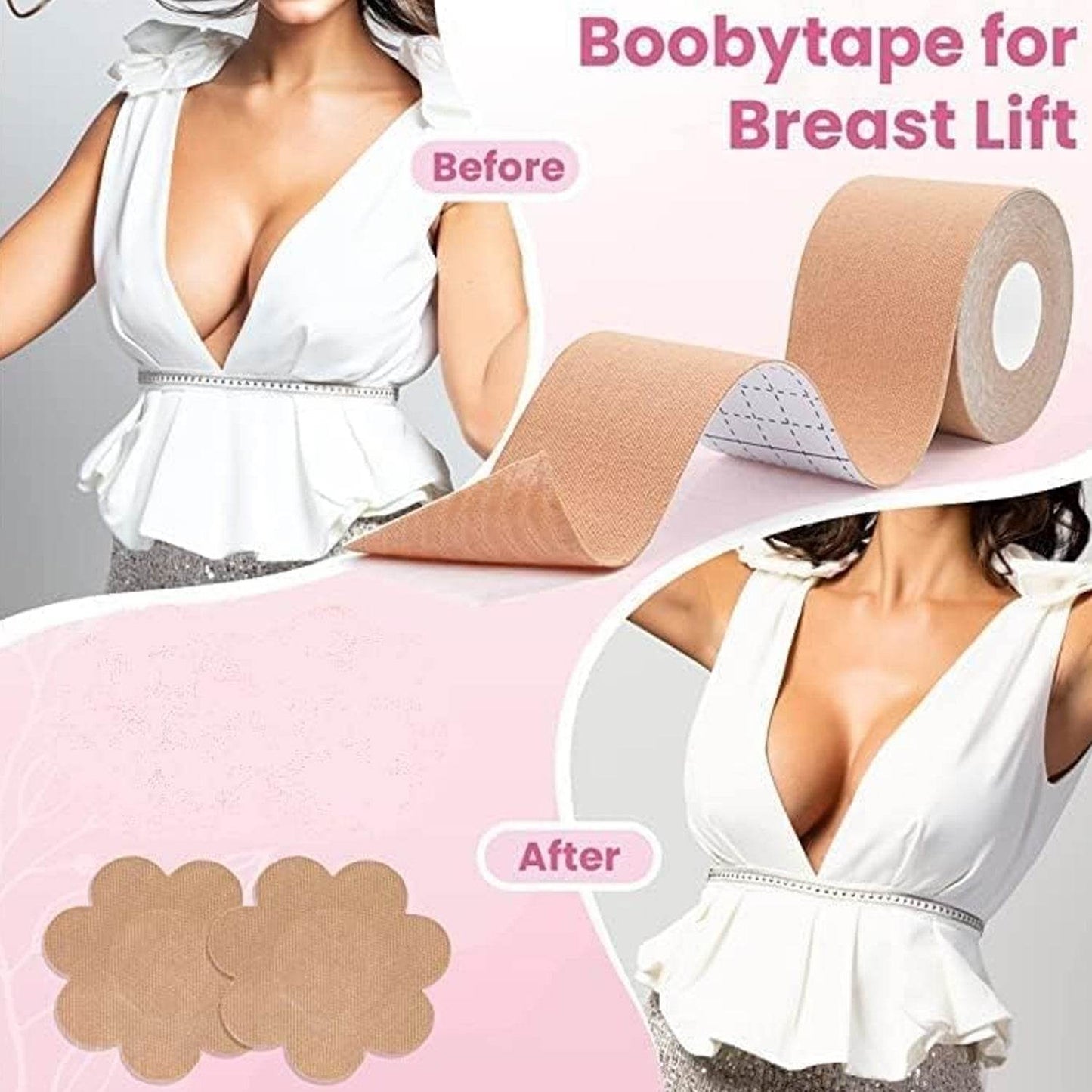 Boob Tape with Nipple Covers: Cotton, Breathable, Lift & Support (5m, 10 Pairs) - infinityexculsivestore.com
