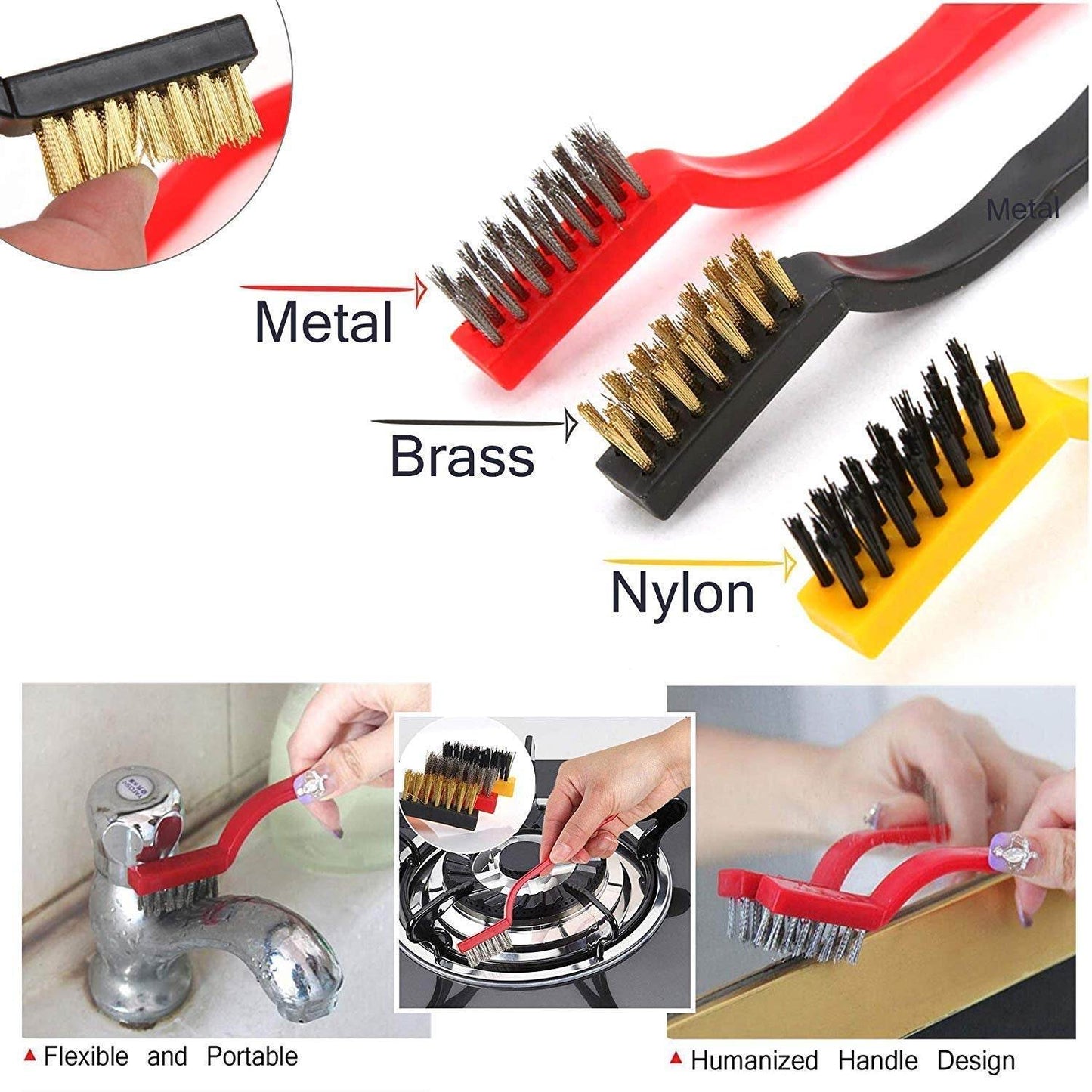 3pc Mini Wire Brush Set Brass Nylon Stainless Steel Bristles Household Cleaning Brush for Gas Stove, Smoke Machine Tool Burner Tiles Tap Rust Removal Welding Slag Dirt & Paint Scrubbing (3 Pcs Set) - infinityexculsivestore.com