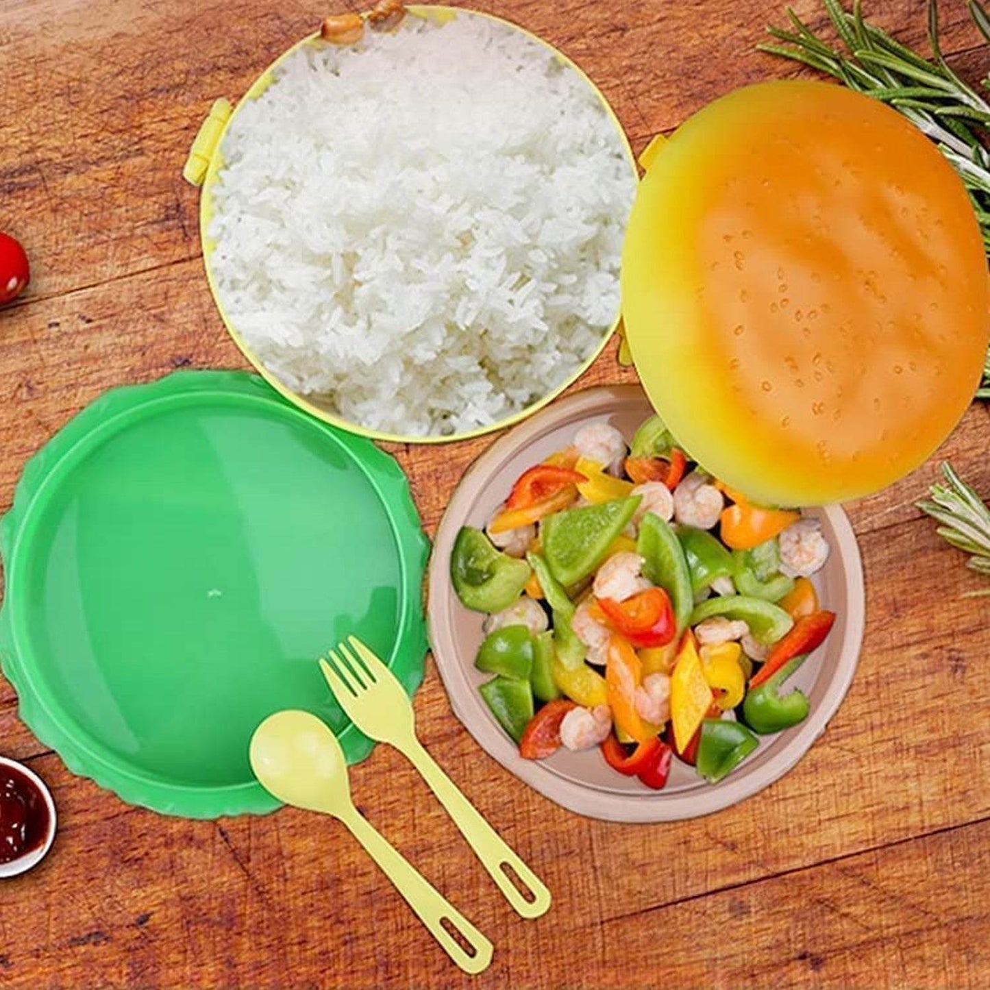 Burger Shape Lunch Box Plastic Lunch Box Food Container Sets Double Layer Lunchbox 1000ml With 2 Spoon Applicable to Kids and Elementary School Students - infinityexculsivestore.com