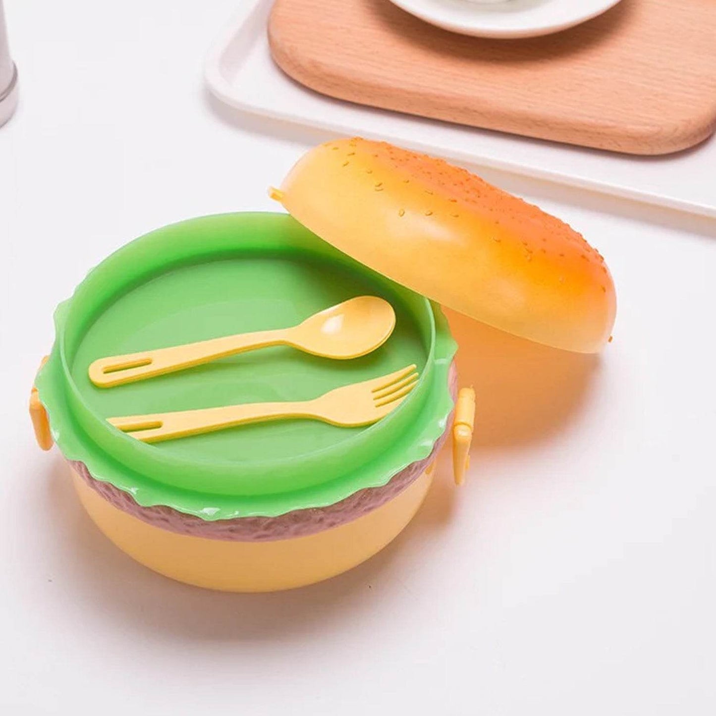 Burger Shape Lunch Box Plastic Lunch Box Food Container Sets Double Layer Lunchbox 1000ml With 2 Spoon Applicable to Kids and Elementary School Students - infinityexculsivestore.com