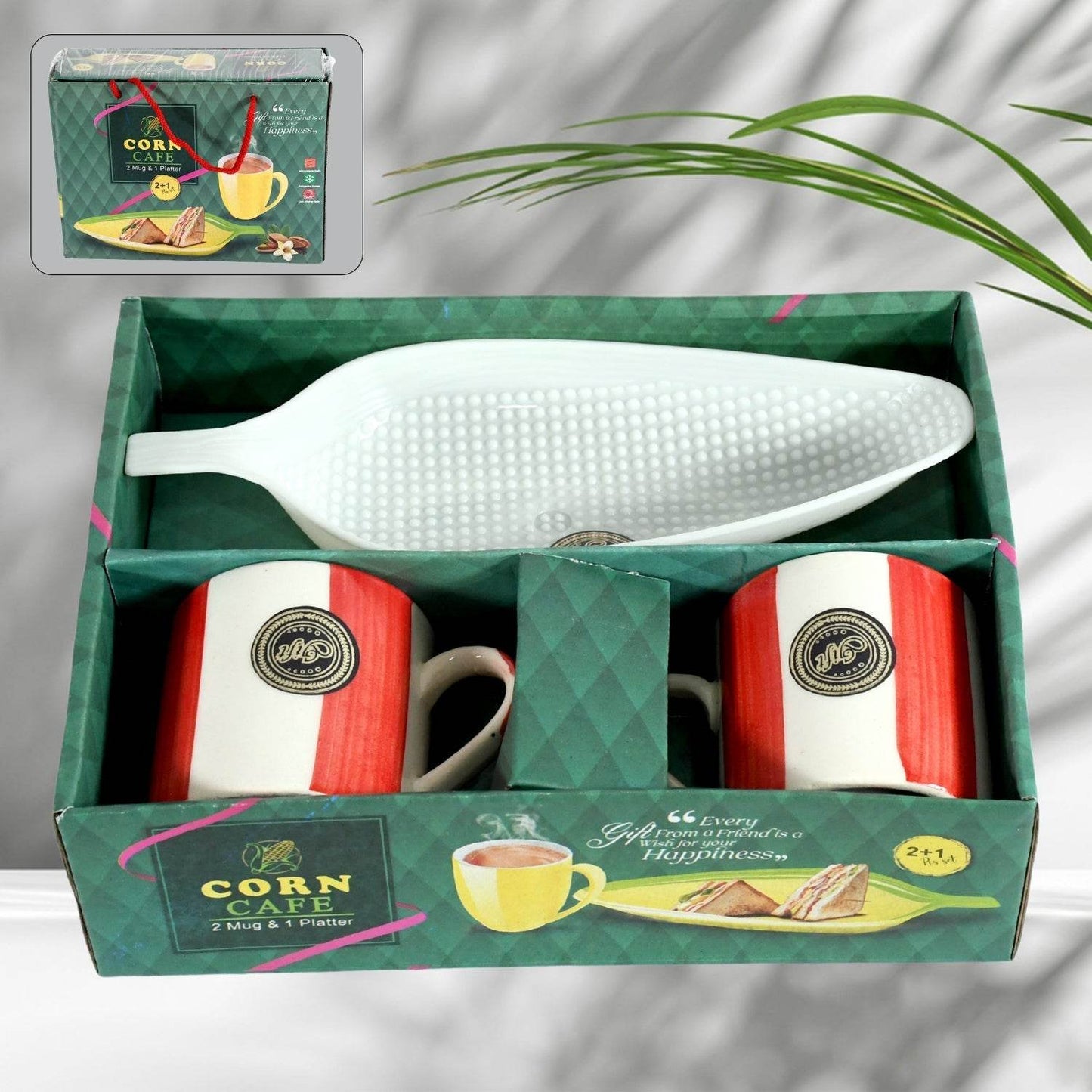 Corn Cafe Ceramic Tea / Cups Set Including Plastic Leaf Shape Serving Platter Milk Cup, Coffee Cup, Tea Cup, Breakfast Cup / Mug, or Outdoor for Household Gift For Birthday (3 Pcs Set) - infinityexculsivestore.com