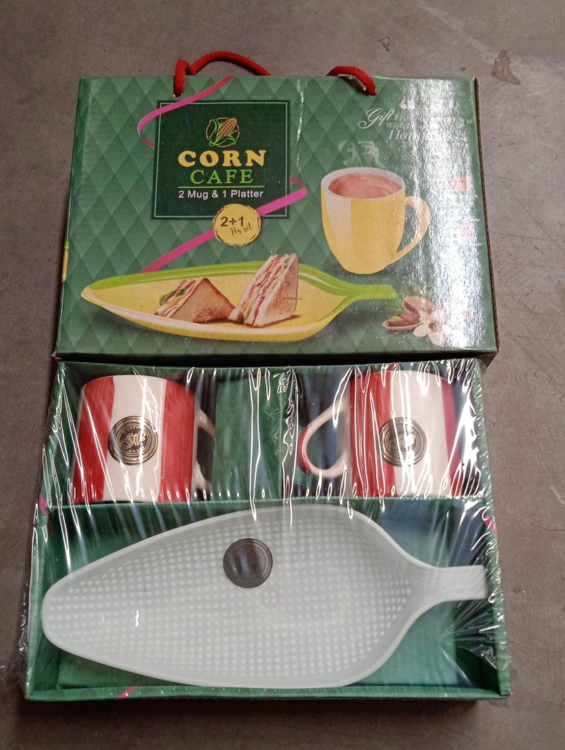 Corn Cafe Ceramic Tea / Cups Set Including Plastic Leaf Shape Serving Platter Milk Cup, Coffee Cup, Tea Cup, Breakfast Cup / Mug, or Outdoor for Household Gift For Birthday (3 Pcs Set) - infinityexculsivestore.com